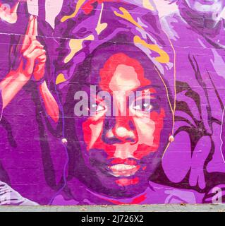 Mural of American singer, songwriter Nina Simone, Concepcion feminist mural  La unión hace la fuerza,  on the wall in, Madrid Spain Stock Photo