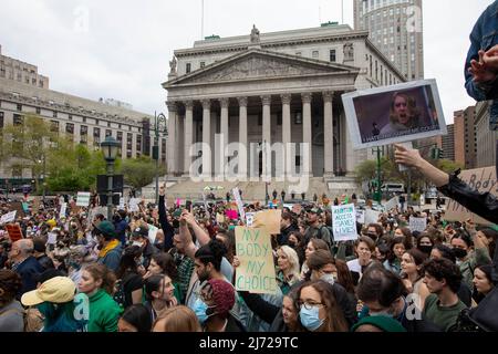 New York, New York, May 3, 2022, Demonstrators rally in Foley Square to protest the potential rollback of Roe v. Wade after a draft opinion to strike