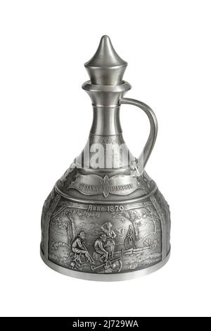 Vintage pewter decanter isolated on a white background. Photo with a shallow depth of field Stock Photo