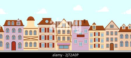 Old street European. seamless pattern town. Small town with retro houses. Stock Vector