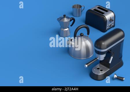 Kettle, toaster, coffee machine horn and geyser coffee maker on blue background. 3d render kitchen appliances making breakfast with latte coffee Stock Photo