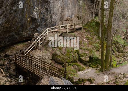 Wooden walkway along the cave walls at the entrance of the Lower Dancehall Cave.  Maquoketa Caves State Park, Iowa, USA. Stock Photo