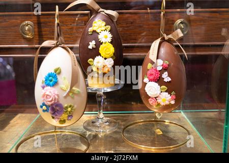 Chocolate Easter eggs on display in the Fortnum & Mason store interior inside at Easter 2022 in Piccadilly West London W1A UK England  KATHY DEWITT Stock Photo