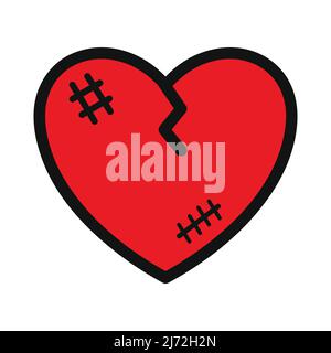 Red heart broken vector isolated on white background. Bruised heart icon in a flat design. Doodle heart. Stock Vector
