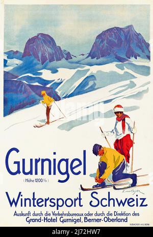 Vintage 1930s Winter Sports Travel Poster - GURNIGEL - Switzerland Stock Photo