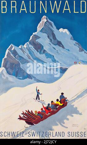 Vintage 1930s Winter Sports Travel Poster - Braunwald Stock Photo