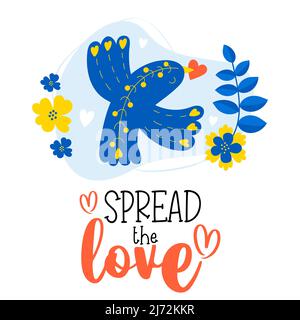 Decorative blue bird with red heart in its beak on background with flowers. Vertical postcard Spread love. Vector illustration for decor, design, deco Stock Vector