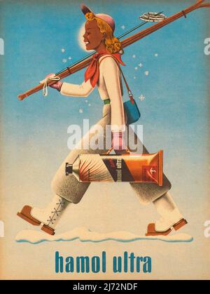 Vintage 1940s Sunscreen Advertising Poster -  WOMAN WITH SKIS – HAMOL ULTRA Artist: Alfred Rudin Year: 1941 Stock Photo