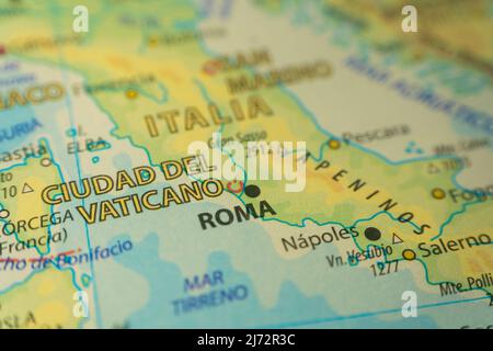 Orographic map of the Lazio region in Italy. With references in Spanish. Concept of cartography, travel, geography. Differential focus Stock Photo