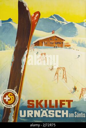 VINTAGE 1940s TRAVEL POSTER Urnäsch, Skilift am Säntis - Switzerland  A. BLANK 1944 Stock Photo