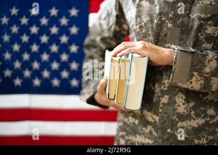 Young Student Soldier In Uniform. Veteran Study Stock Photo