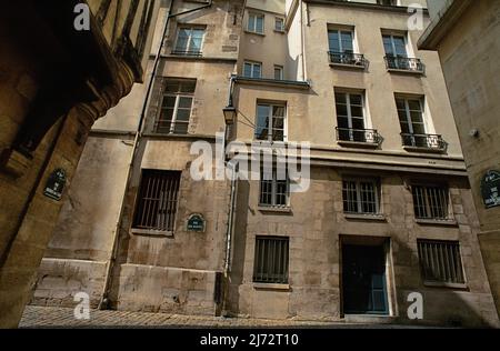 The intersection of medieval streets rue des Barres and rue du Grenier sur l’Eau. Stock Photo