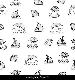 Sea life, monochrome vector seamless pattern on white background Stock Vector