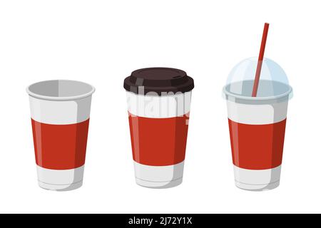 Disposable paper beverage cup templates set for coffee, soda or cocktail with black and transparent hemisphere lid. 3d blank white and red large cardboard soft drinks packaging collection. Vector eps Stock Vector
