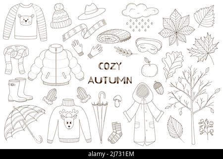 A set of decorative elements. Autumn, forest. Warm clothing, umbrella, mittens, rubber boots, leaves. Design collection of outline doodles. Stock Vector
