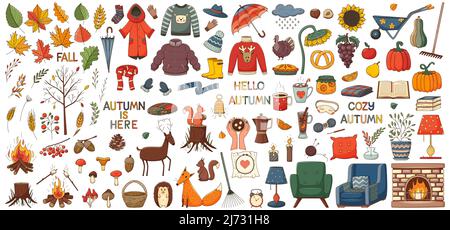 A set of elements on the theme of autumn, cozy home, hugge. A large design collection of colored doodle elements with a stroke and fill. Color vector Stock Vector