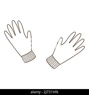 A pair of gloves. Autumn and winter clothing. Design element with outline. The theme of winter, autumn. Doodle, hand-drawn. Black white vector illustr Stock Vector