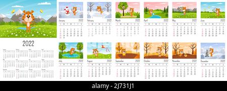 Vertical Wall Calendar Template 2022. The week starts on Sunday. Ready-to-print calendar with Chinese year symbol cartoon Tiger. A set of 12 pages and Stock Vector