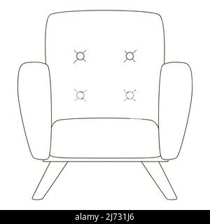 An empty chair. Front view. An interior item. Home furniture. Design element with outline. Doodle, hand-drawn. Black white vector illustration. Isolat Stock Vector