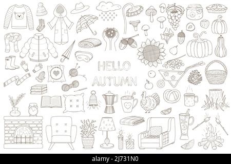 Cute autumn objects isolated. Collection of seasonal things like