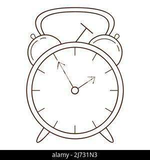 Classic mechanical alarm clock with a hammer. Design element with outline. Doodle, hand-drawn. Black white vector illustration. Isolated on a white ba Stock Vector