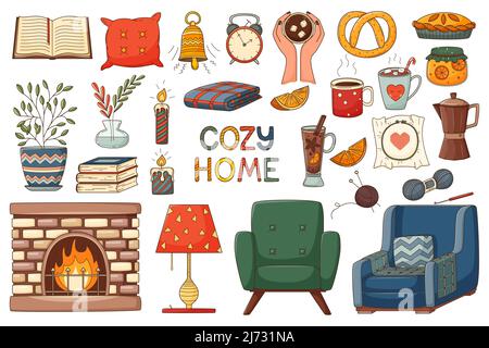 A set of elements on the theme of autumn, cozy home, hugge. A large design collection of colored doodle elements with a stroke and fill. Flat style. C Stock Vector