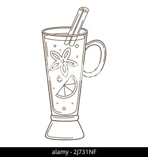 A glass of mulled wine with orange, cinnamon and star anise. A hot, warming drink. Design element with outline. Doodle, hand-drawn. Black white vector Stock Vector