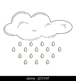 A cloud with raindrops. A weather phenomenon. Design element with outline. Autumn theme. Doodle, hand-drawn. Flat design. Black white vector illustrat Stock Vector