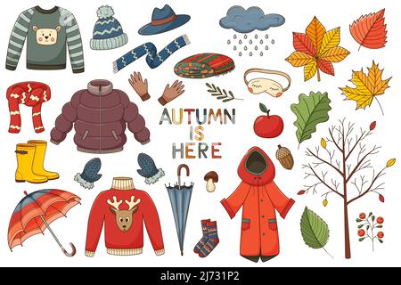 A set of elements on the theme of autumn. A collection of colored doodle elements with a stroke and fill. Clothing, leaves. Flat. Color vector illustr Stock Vector