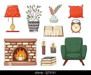 A set of colored doodles. Home furnishings, armchair, books, pillow, fireplace, vase, houseplant, alarm clock, candles. Decorative elements with strok Stock Vector