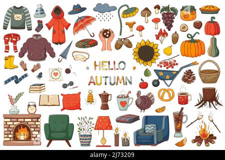 A set of elements on the theme of autumn, cozy home, hugge. A large design collection of colored doodle elements with a stroke and fill. Flat style. C Stock Vector