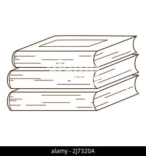 A stack of books. Reading, learning. Cozy home. Design element with outline. Doodle, hand-drawn. Black white vector illustration. Isolated on a white Stock Vector
