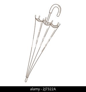 Folded umbrella. Design element with outline. Autumn theme. Doodle, hand-drawn. Flat design. Black white vector illustration. Isolated on a white back Stock Vector