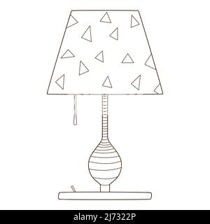 A table lamp with a shade. Electric lighting device. Design element with outline. Doodle, hand-drawn. Black white vector illustration. Isolated on a w Stock Vector