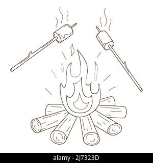 Marshmallows are fried on the fire. A wood-burning bonfire. Autumn entertainment. Decorative element with an outline. Doodle, hand-drawn. Black white Stock Vector