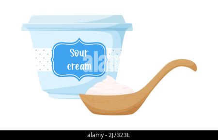 Sour cream in a plastic container. Wooden spoon with sour cream. Fermented milk product, healthy food. Flat, cartoon style. Color vector illustration Stock Vector
