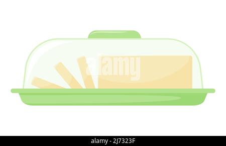 Butter in a transparent container. Chopped butter. Dairy product, healthy food, ingredient. Flat, cartoon style. Color vector illustration isolated on Stock Vector