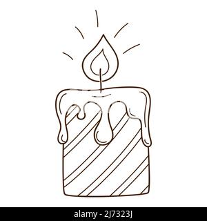 Decorative candle in stripes. A burning fire. Cozy home. Decorative design element with an outline. Doodle, hand-drawn. Black white vector illustratio Stock Vector