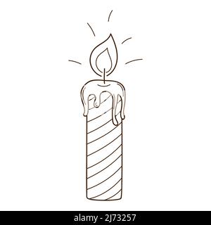Decorative candle in stripes. A burning fire. Cozy home. Decorative design element with an outline. Doodle, hand-drawn. Black white vector illustratio Stock Vector