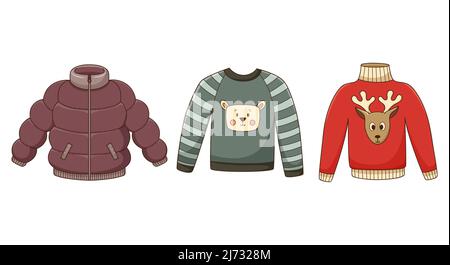 A set of colored doodles. Clothing, down jacket, deer sweater, jacket, pajamas with a bear. Warm autumn clothes. Decorative elements with a stroke and Stock Vector
