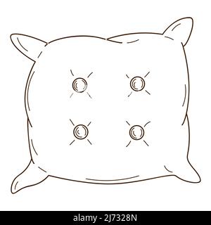 Sofa cushion with buttons. A home decor item. Design element with outline. Doodle, hand-drawn. Black white vector illustration. Isolated on a white ba Stock Vector