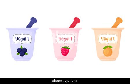 Yoghurts in a cup with a spoon. Blueberry, raspberry, peach, yogurt, dairy product, healthy food. Flat, cartoon style. Color vector illustration isola Stock Vector