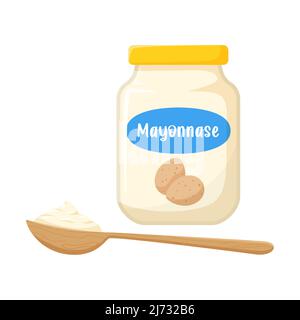 Mayonnaise sauce in a glass jar with quail eggs on the label. Mayonnaise in a wooden spoon. Greasy food, sauce. Flat, cartoon style. Color vector illu Stock Vector