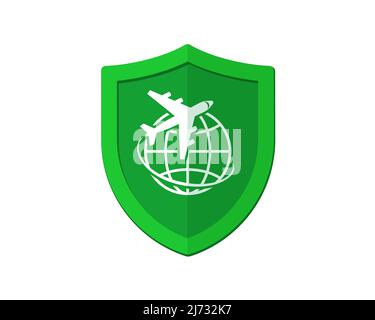 Airplane with globe on green shield. Travel insurance concept. Safe flight by plane badge concept. Jet trip protection symbol. Safety aircraft journey vector isolated eps sign Stock Vector