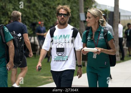 German Formula One driver Sebastian Vettel of Aston Martin arrives  for the Formula One Grand Prix of Miami at the Miami International Autodrome in Miami, Florida, on Thursday, May 5, 2022.  The inaugural Miami Grand Prix will be held on Sunday, May 8, 2022.  Photo by Greg Nash/UPI Stock Photo