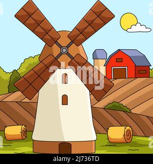 Windmill Colored Cartoon Farm Illustration Stock Vector