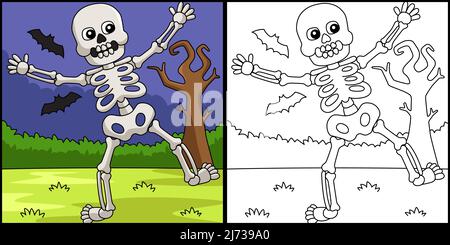 Dancing Skeleton Halloween Coloring Illustration Stock Vector