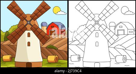 Windmill Coloring Page Colored Illustration Stock Vector