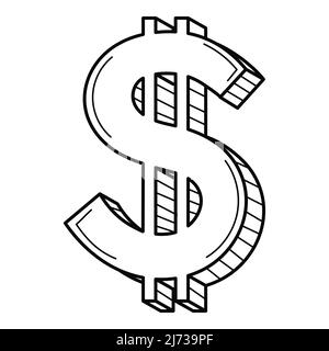 A three-dimensional dollar symbol. American currency. Linear icon, sign. Hand-drawn black and white vector illustration. Isolated on a white backgroun Stock Vector