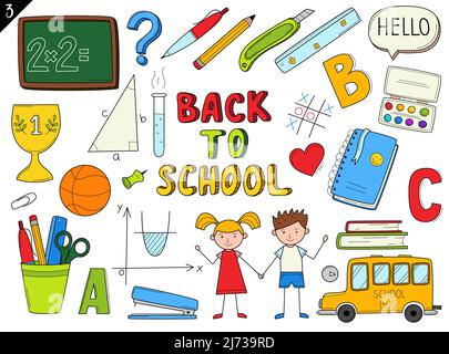 Set of doodle outline icons back to school. School items, supplies, stationery, Hand-drawn black and white vector illustration. Design elements are is Stock Vector